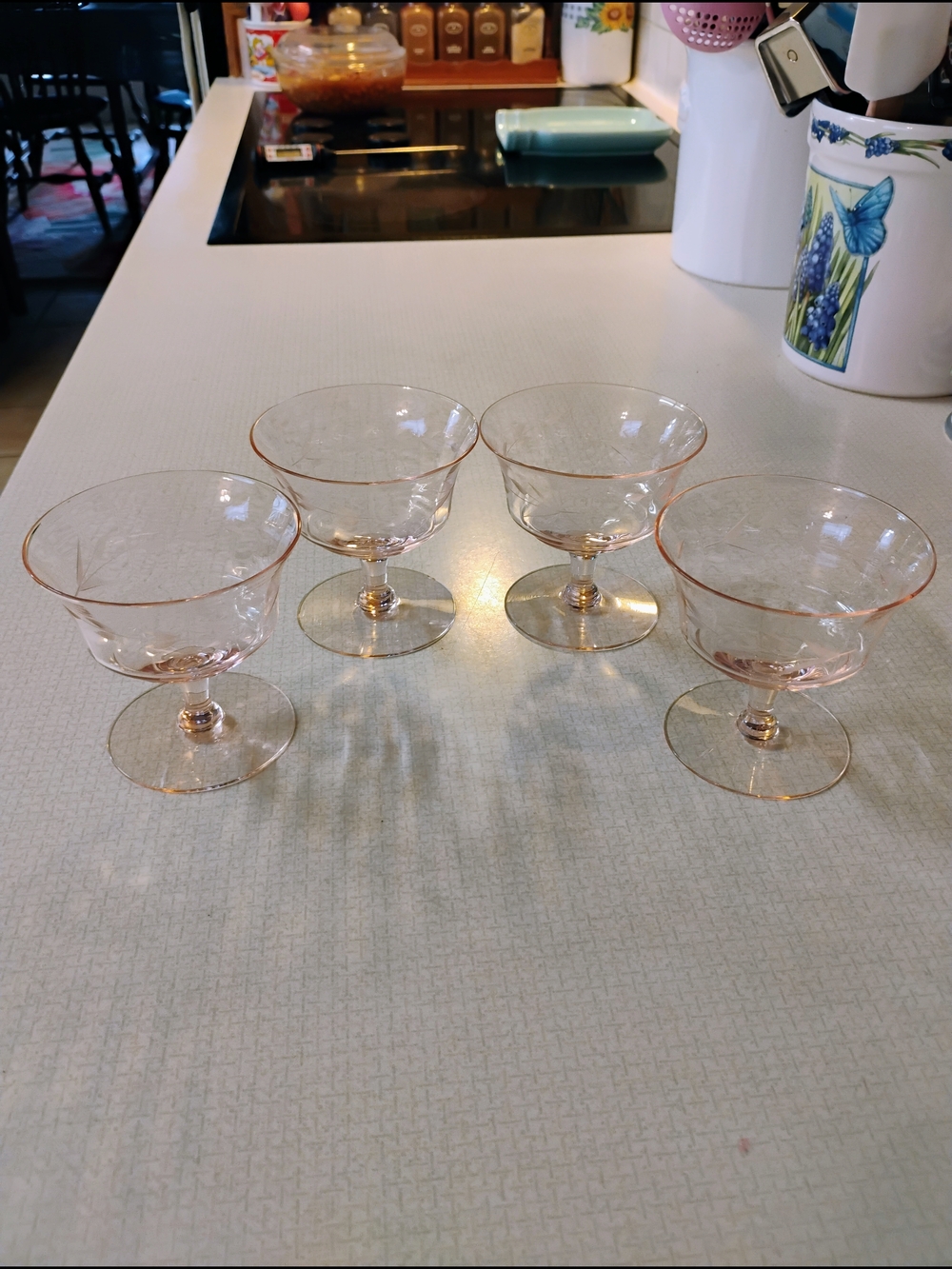 Vintage Pink Etched Depression Glass Dessert Coupes - Set of 4